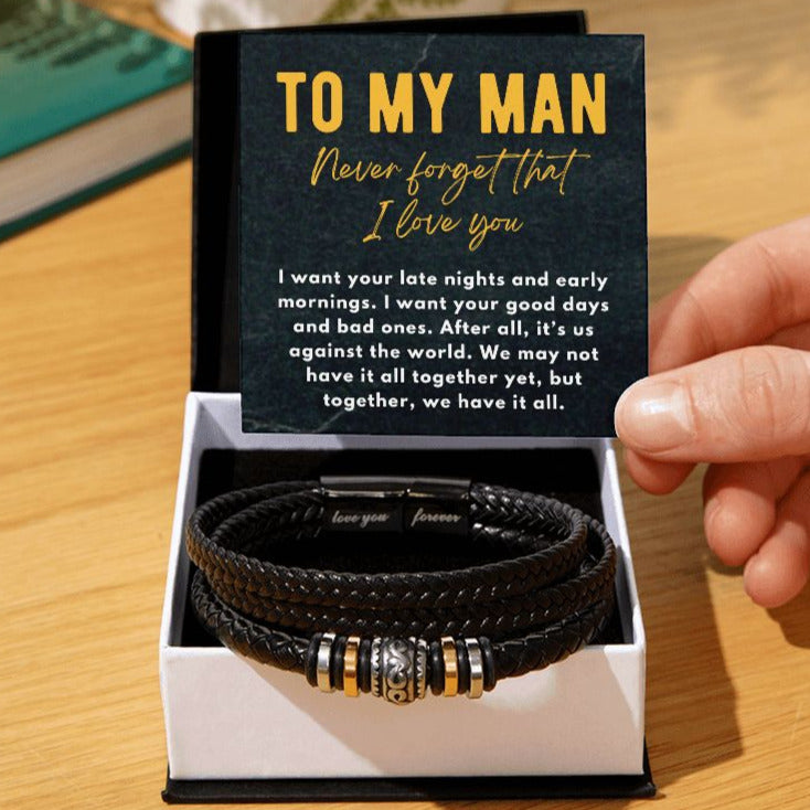 to My Man - I Will Be with You Through It All - Men Leather Bracelet, Two Tone Box