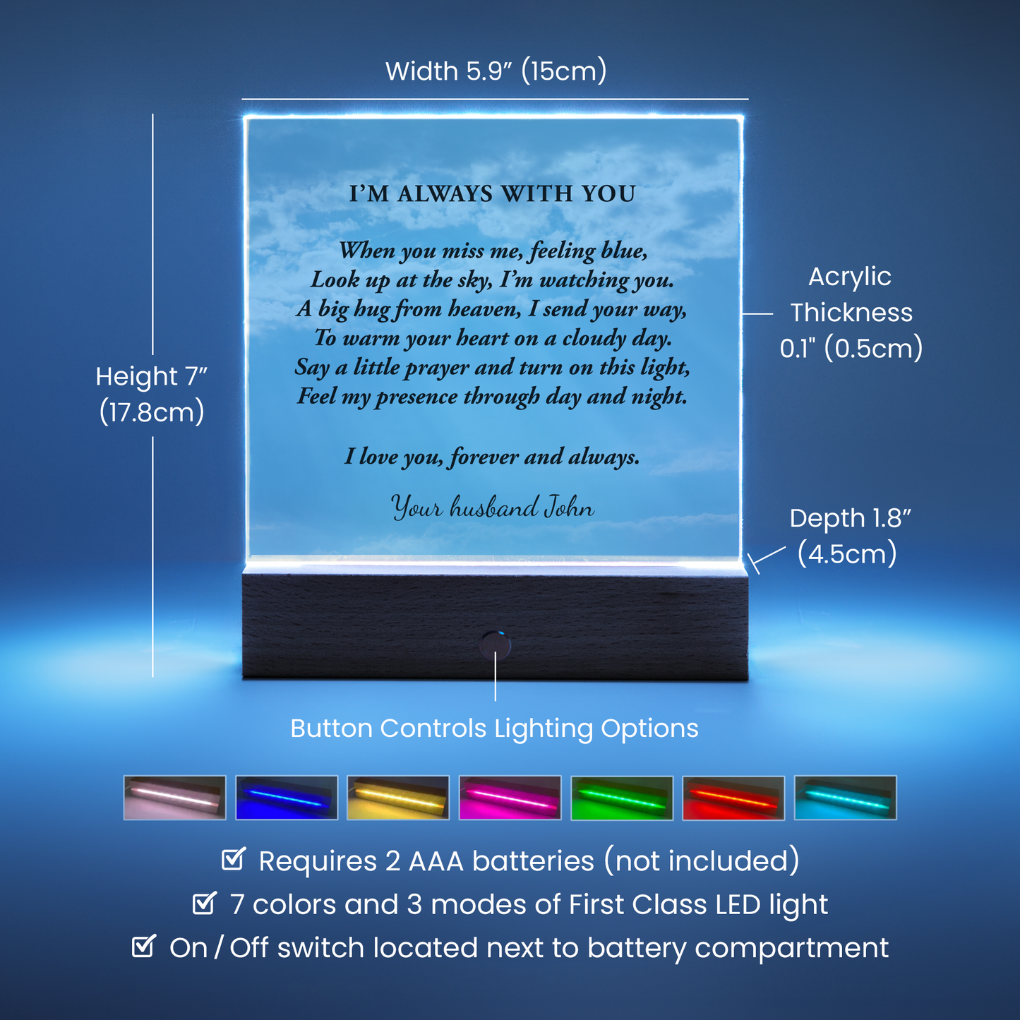 Sympathy Gift for Loss of Husband, Mother or Son, I'm Always with You, Lighted Memorial Acrylic Plaque