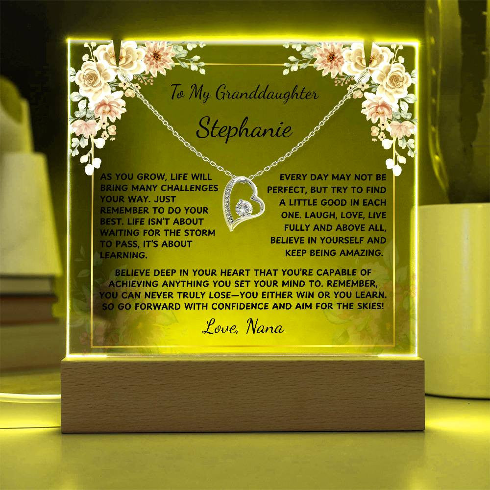 To My Granddaughter Gift, Personalized Message LED Light Acrylic with Heart Pendant Necklace