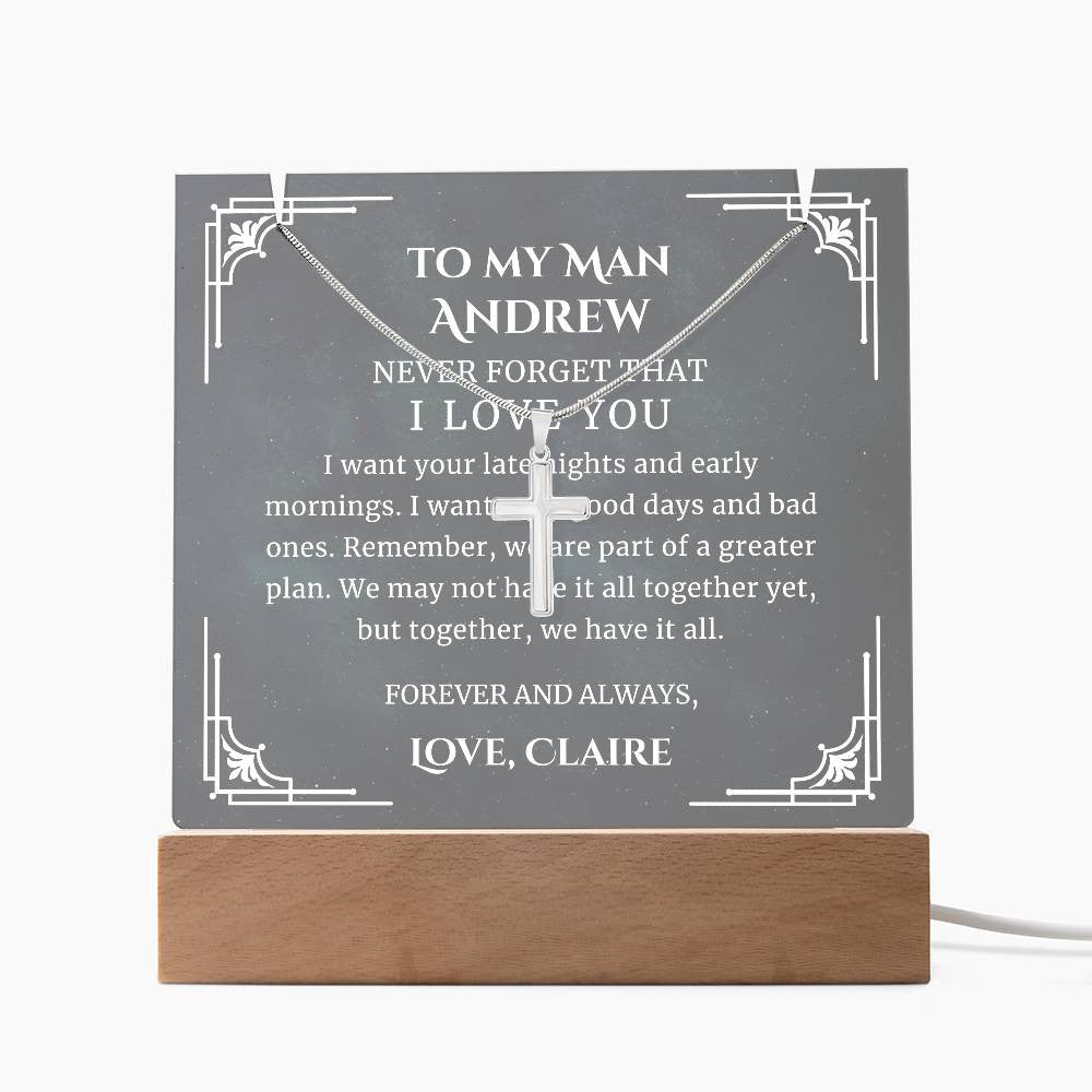 To My Man Cross Necklace, Personalizesd Sentimental Message Printed LED Lighted Acrylic Plaque Anniversary Gift