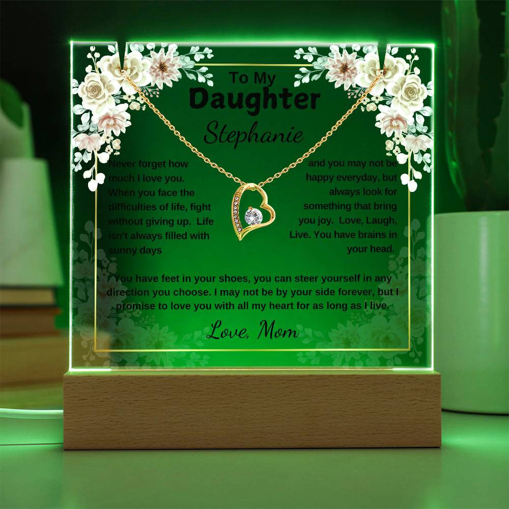 To My Daughter Gift, Personalized Message LED Light Acrylic with Heart Pendant Necklace