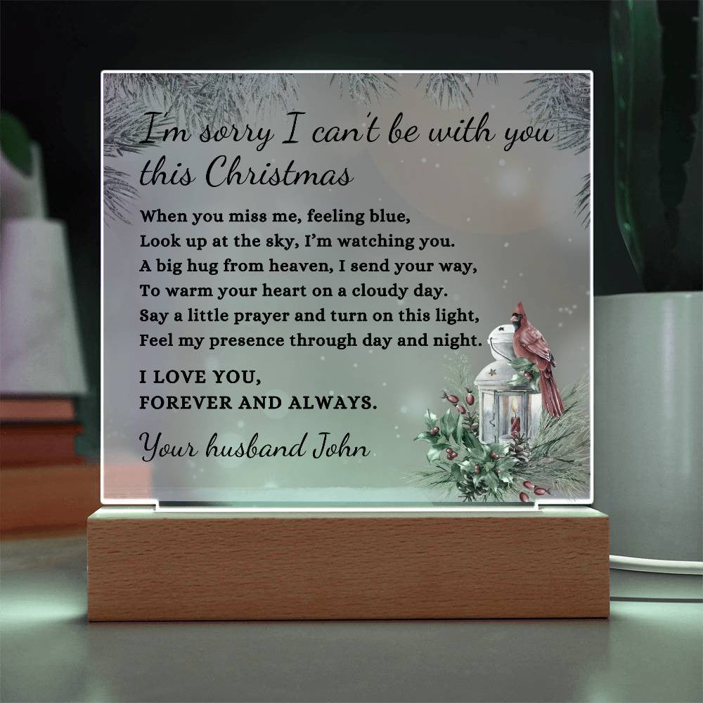 Christmas Cardinal Custom Sympathy Gift, Condolence LED Light Personalized Memorial Poem on Acrylic Plaque