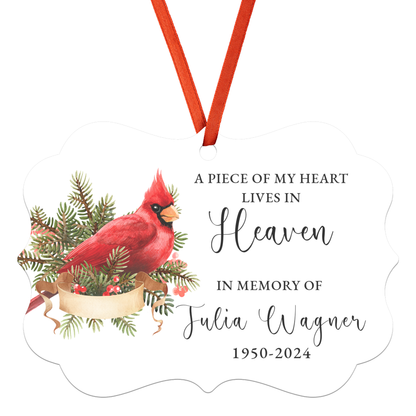 Personalized Memorial Ornament, I Piece of my Heart Lives in Heaven Custom In Memory of Keepsake, Red Cardinal Grief Gift, Remembrance Loss of Mom, Loss of Dad