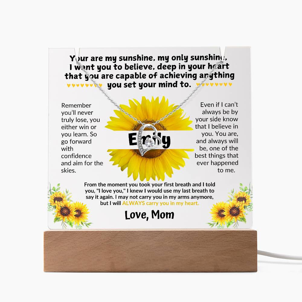 To My Daughter Sunflower Personalized Message LED Light Acrylic with Heart Pendant Necklace