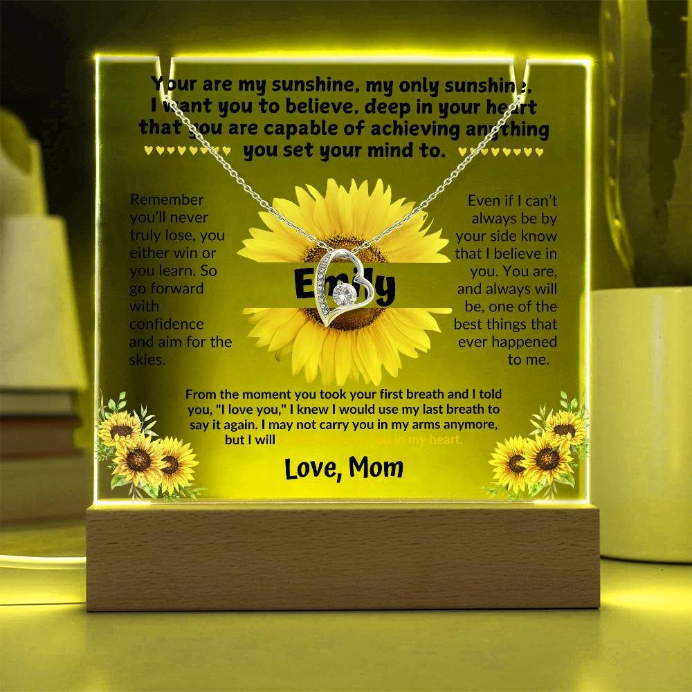 To My Daughter Sunflower Personalized Message LED Light Acrylic with Heart Pendant Necklace