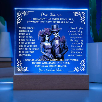 Personalized Sugar Skull Anniversary Gift, Día de los Muertos Keepsake Acrylic Plaque with Optional Necklace