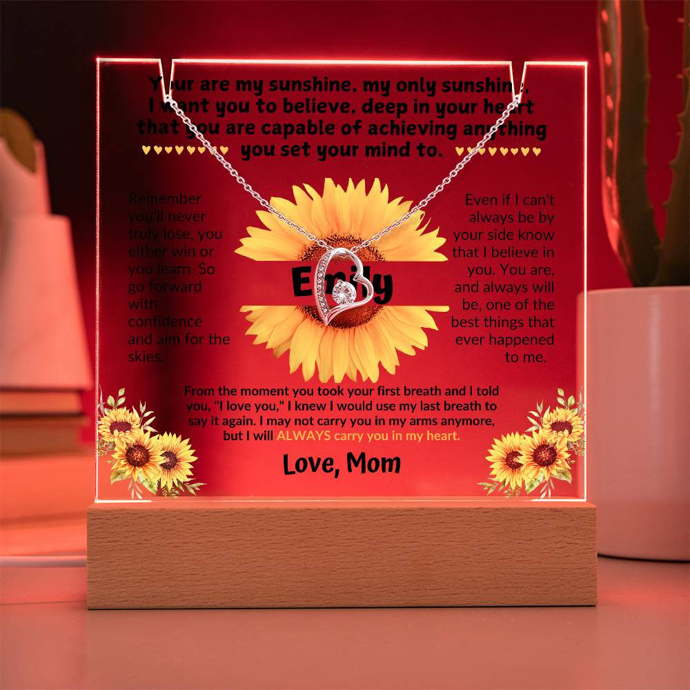 To My Daughter Sunflower Personalized Message LED Light Acrylic with Heart Pendant Necklace