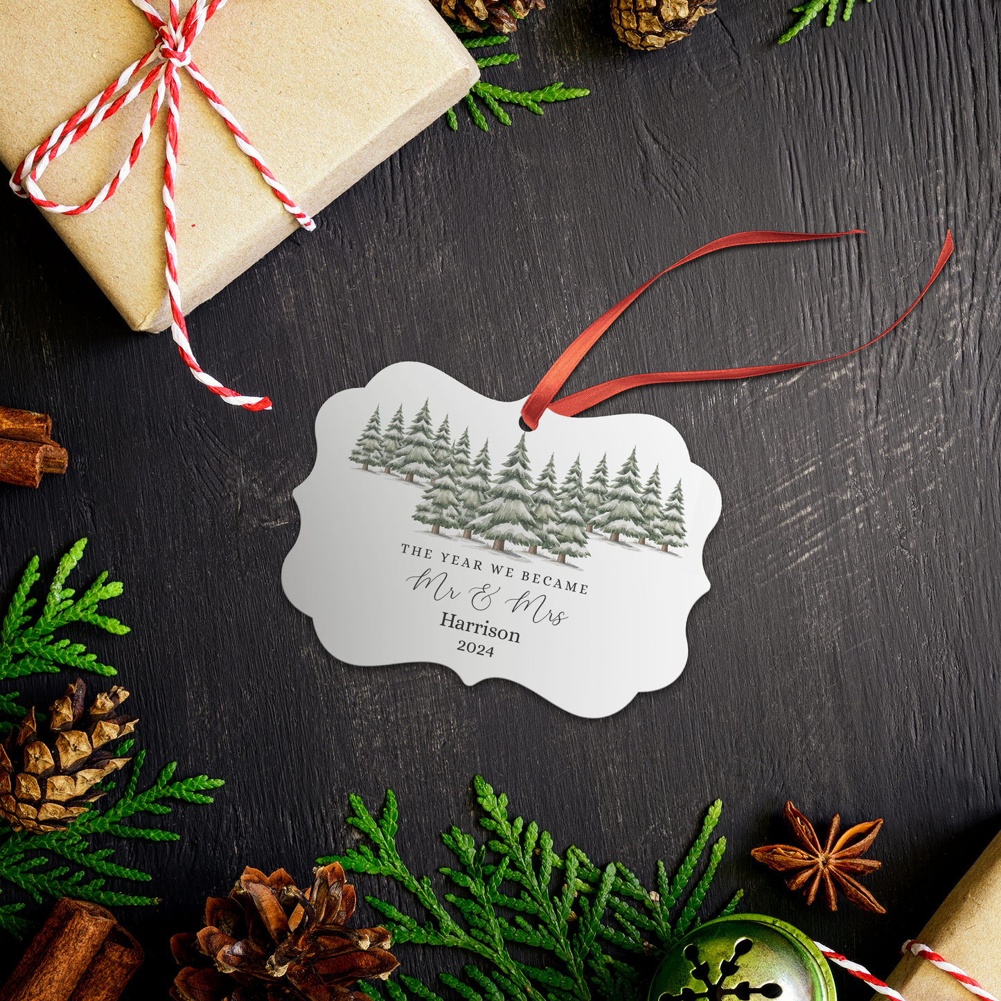 Winter Pine Personalized Mr and Mrs Ornament for Newlyweds, Our First Christmas Holiday Married Keepsake