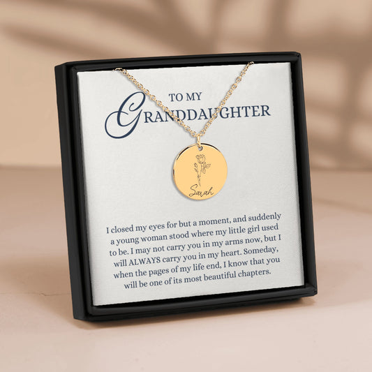 To my Granddaughter Gift, Most Beautiful Chapters, Laser Engraved Personalized Birth Flower Pendant Name Necklace