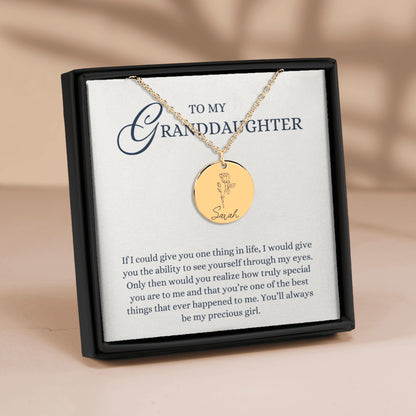 To my Granddaughter Gift, My Precious Girl, Laser Engraved Personalized Birth Flower Pendant Name Necklace