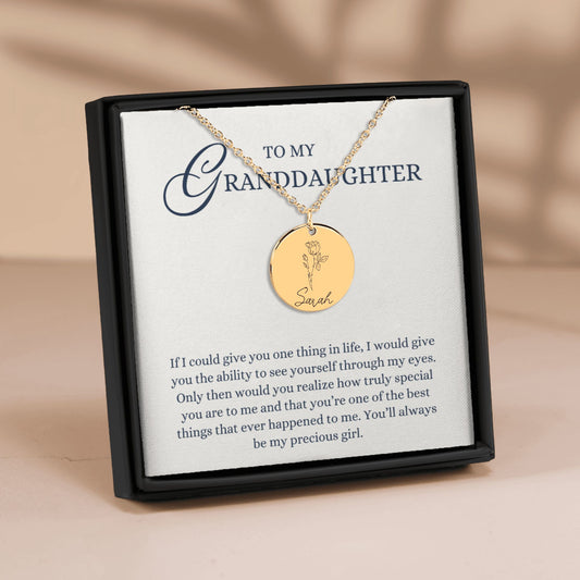 To my Granddaughter Gift, My Precious Girl, Laser Engraved Personalized Birth Flower Pendant Name Necklace