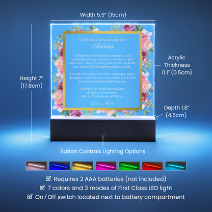 To Daughter Gift, Beautiful Chapter Message LED Lighted Acrylic Plaque with Optional Necklace Keepsake (white text)