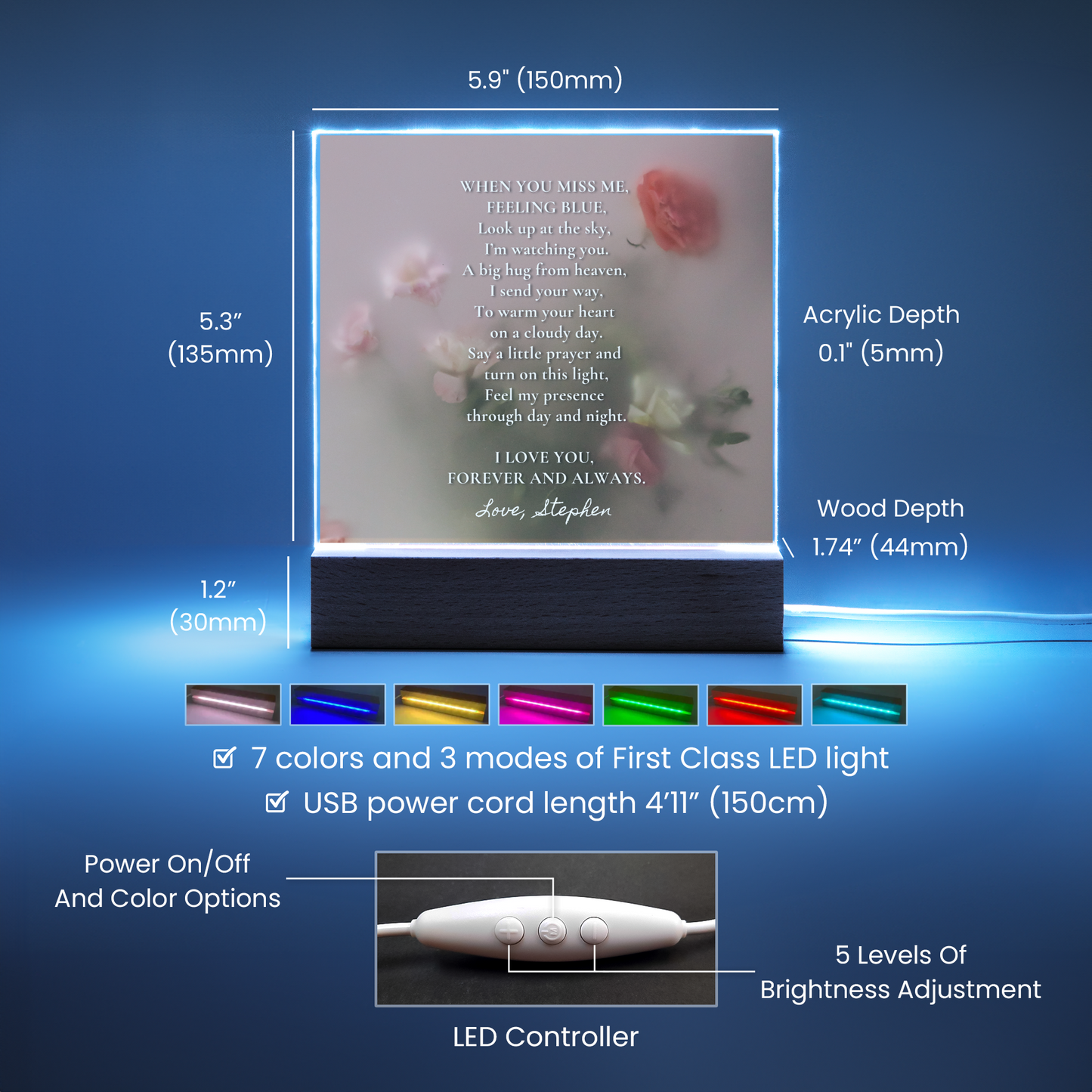 Sympathy Gift for Loss of Husband, Lighted Memorial Acrylic Plaque with Poem