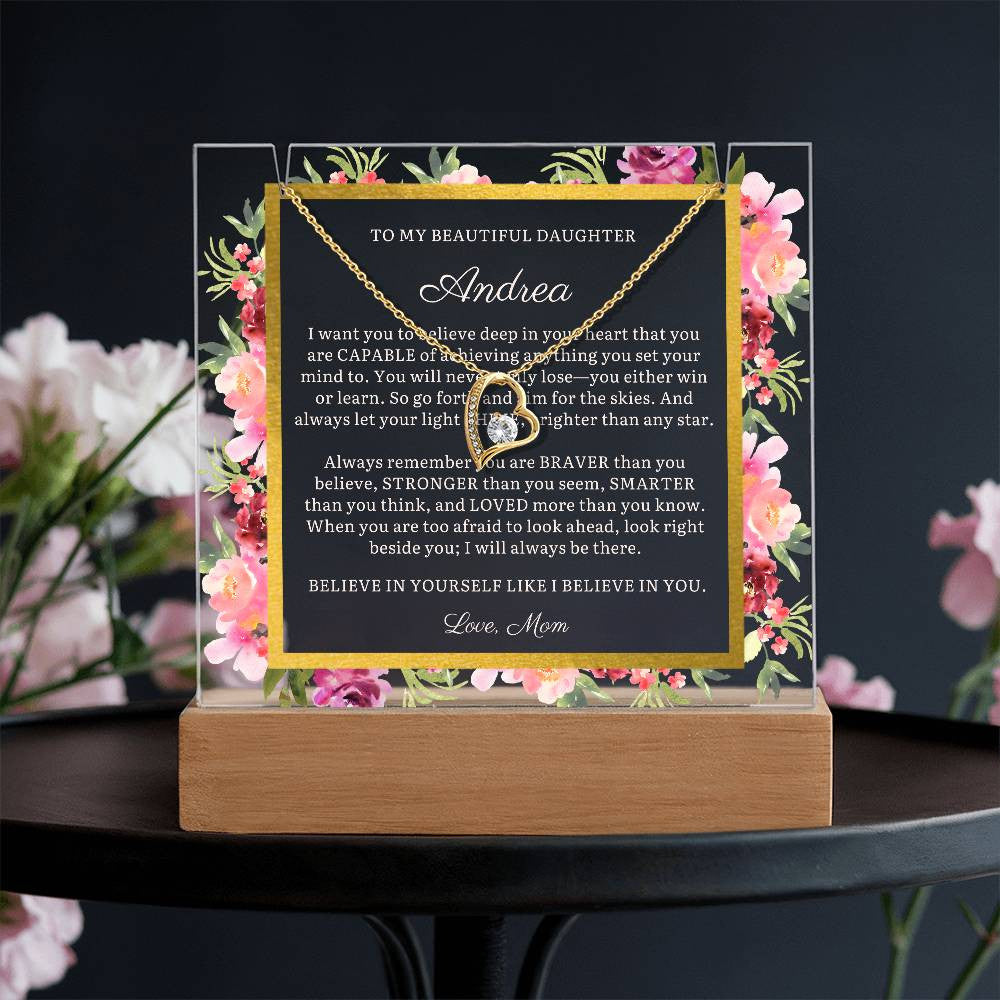 Personalized To Daughter Gift, Message LED Lighted Acrylic Plaque with Optional Necklace Keepsake (white text)