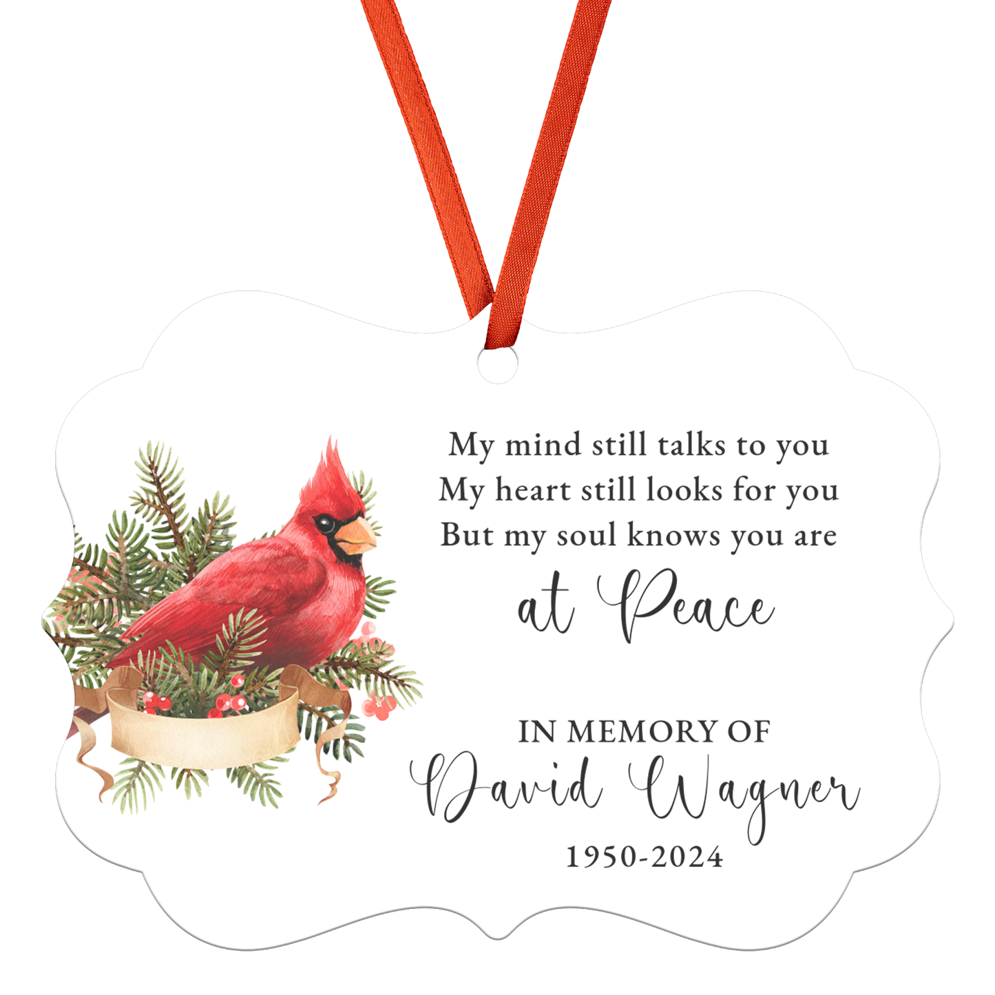 Personalized Memorial Ornament, You Are at Peace Custom In Memory of Keepsake, Red Cardinal in Heaven Grief Gift, Remembrance Loss of Mom, Loss of Dad