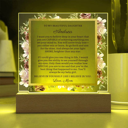 Personalized To Daughter Gift, Believe in Yourself, Message LED Lighted Acrylic Plaque with Optional Necklace Keepsake