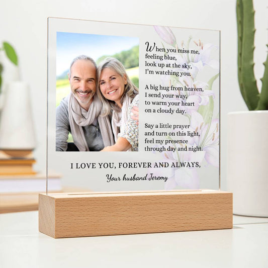 Memorial Sympathy Gift, Hug From Heaven Poem with Custom Photo, LED Acrylic Light Plaque