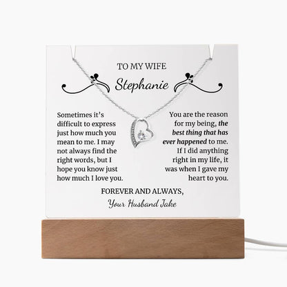 To My Wife Gift, Soulmate Gift, Personalized Message LED Lighted Acrylic Keepsake with Forever Love Heart Pendant Necklace