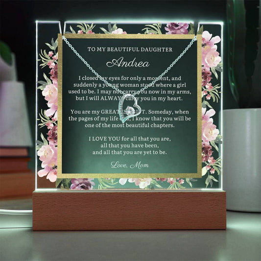 To Daughter Gift, Beautiful Chapter Message LED Lighted Acrylic Plaque with Optional Necklace Keepsake (white text)