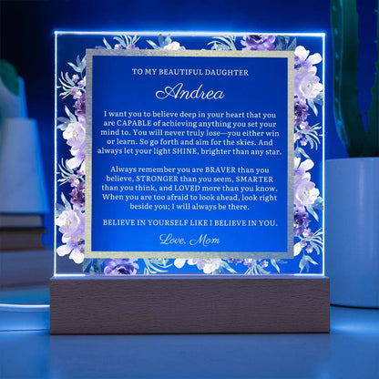 Personalized To Daughter Gift, Message LED Lighted Acrylic Plaque with Optional Necklace Keepsake (white text)