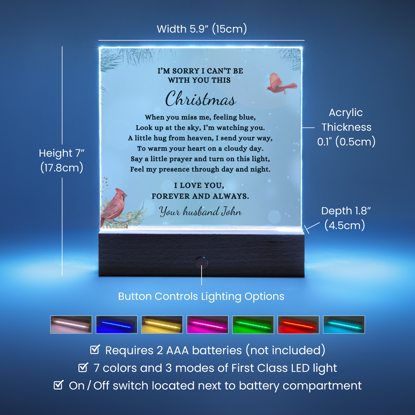 Cardinals Custom Christmas Sympathy Gift, Condolenc LED Light Personalized Memorial Poem on Acrylic Plaque