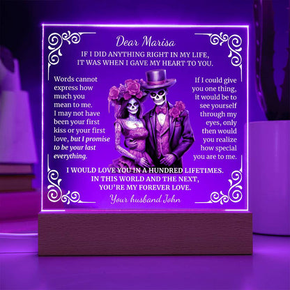 Personalized Sugar Skull Anniversary Gift, Día de los Muertos Keepsake Acrylic Plaque with Optional Necklace