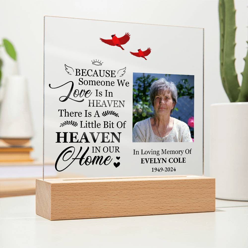 Red Cardinal Memorial Gift with Custom Photo, LED Acrylic Light Plaque Display