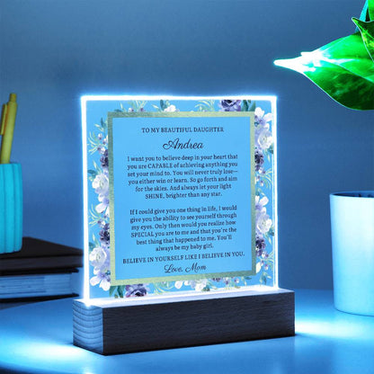 Personalized To Daughter Gift, Believe in Yourself, Message LED Lighted Acrylic Plaque with Optional Necklace Keepsake