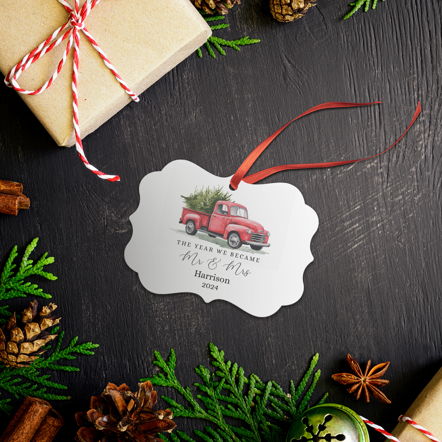 Red Truck Personalized Mr and Mrs Ornament for Newlyweds