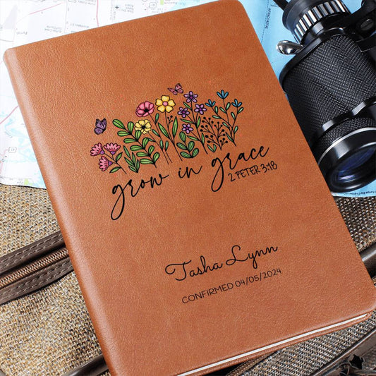 Grow in Grace Flowers Christian Cross Gift Leather Journal Notebook