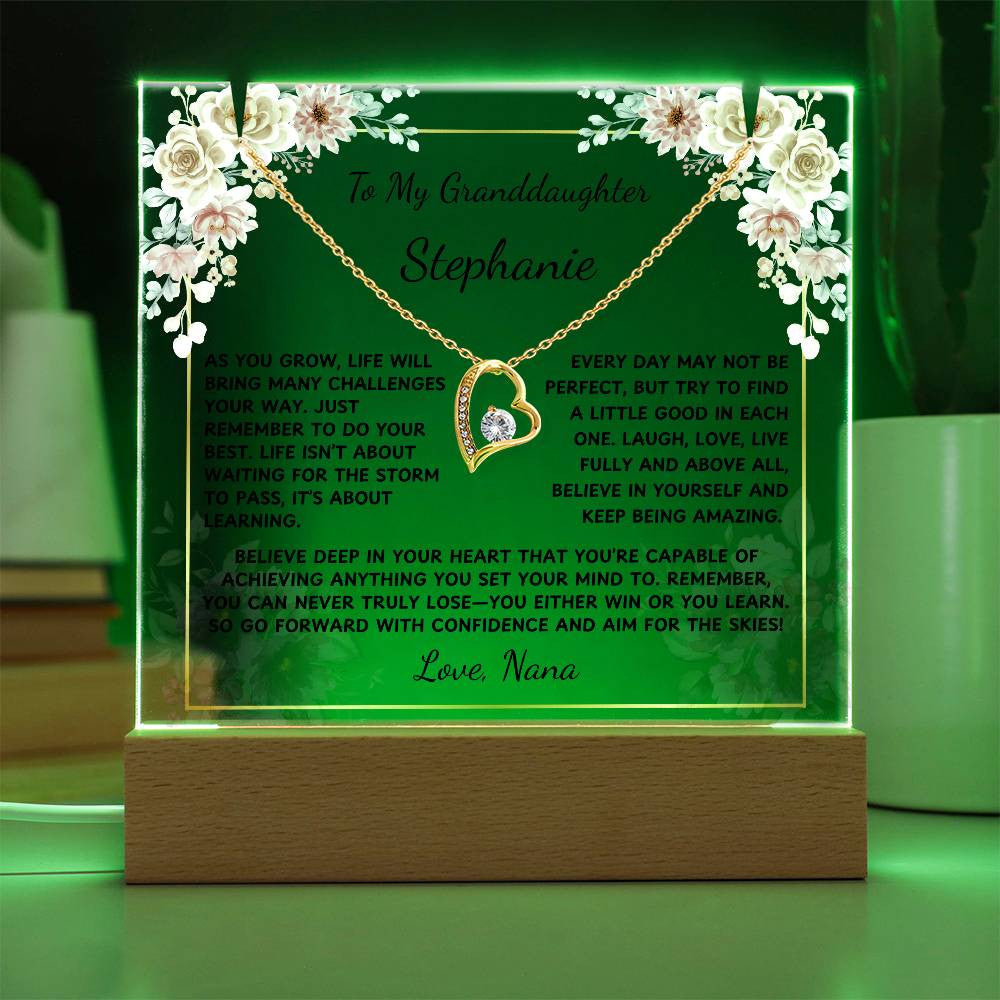 To My Granddaughter Gift, Personalized Message LED Light Acrylic with Heart Pendant Necklace