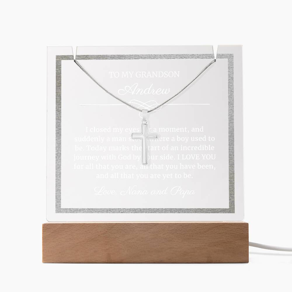 Confirmation Gift for Boys, Religious Cross Necklace on Personalized LED Lighted Acrylic Plaque Keepsake