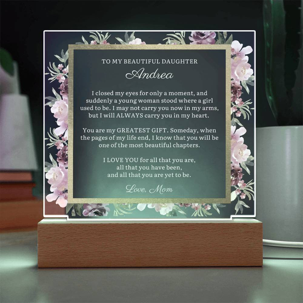 To Daughter Gift, Beautiful Chapter Message LED Lighted Acrylic Plaque with Optional Necklace Keepsake (white text)