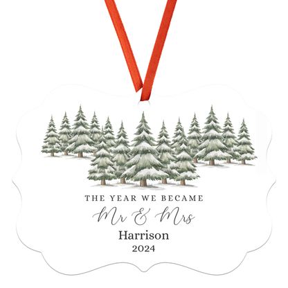 Winter Pine Personalized Mr and Mrs Ornament for Newlyweds, Our First Christmas Holiday Married Keepsake