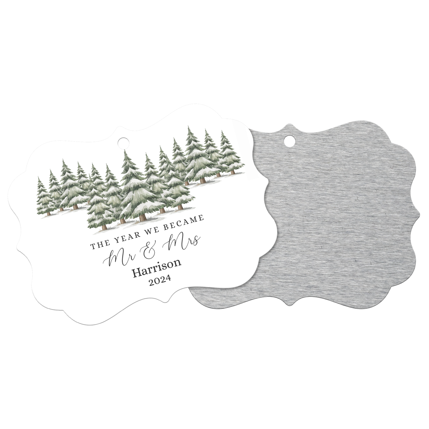 Winter Pine Personalized Mr and Mrs Ornament for Newlyweds, Our First Christmas Holiday Married Keepsake