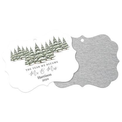 Winter Pine Personalized Mr and Mrs Ornament for Newlyweds, Our First Christmas Holiday Married Keepsake