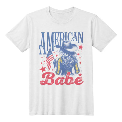 American Babe, Washed Out Retro Independence Day 4th of July Patriotic American Flag Women T Shirt