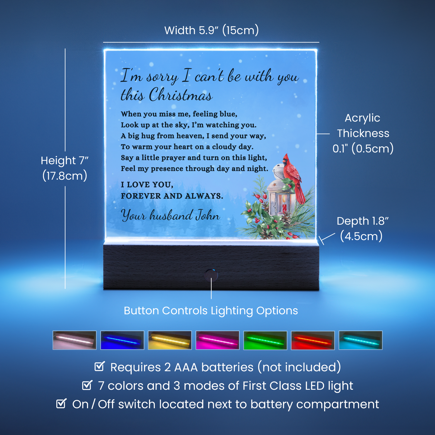 Christmas Cardinal Custom Sympathy Gift, Condolence LED Lighted Personalized Memorial Poem on Acrylic Plaque