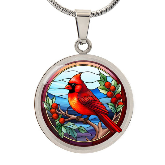 Faux Stained Glass Red Cardinal Bird Christmas Pendant Necklace