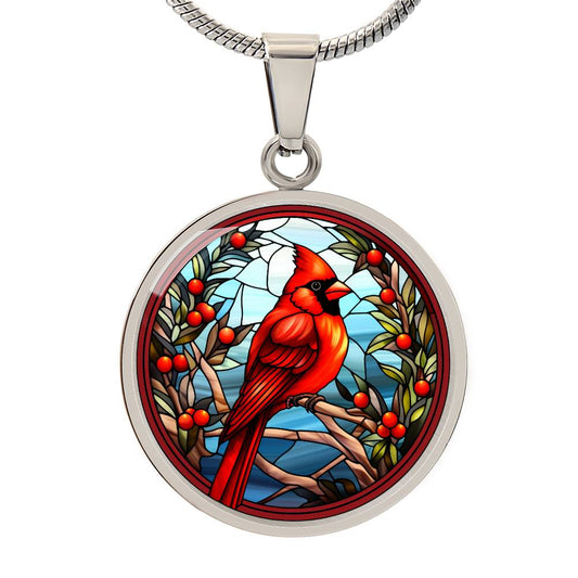 Christmas Red Cardinal Pendant Necklace in Faux Stained Glass Style