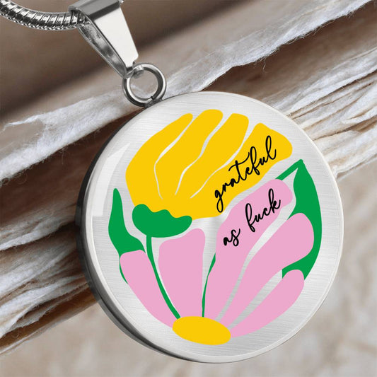 Retro Matisse Style Boho Floral Art, Swear Word Affirmation Grateful as Fuck Necklace with Optional Engraving