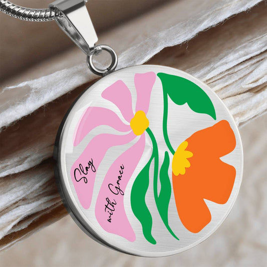 Slay With Grace Retro Matisse Style Floral Art, Sassy Affirmation Necklace