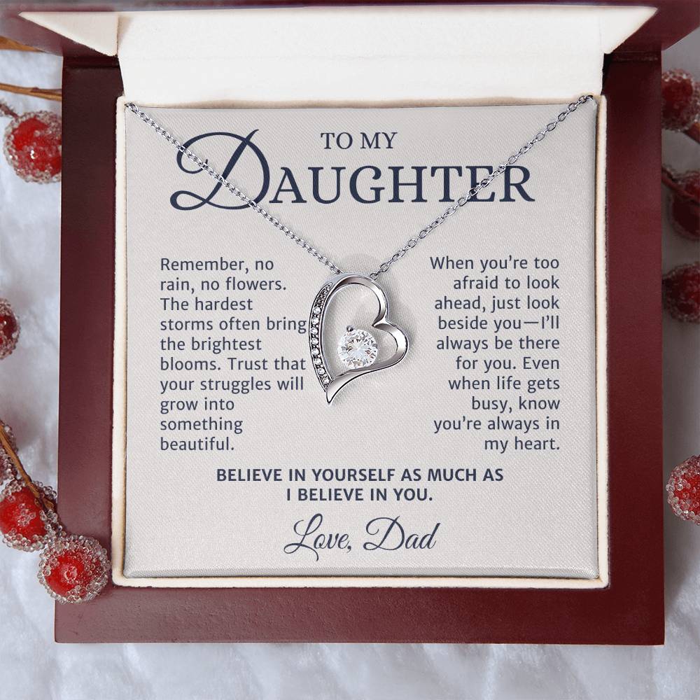 To My Daughter Gift from Mom or Dad, Forever Love Necklace, No Rain No Flower Personalized Message Card