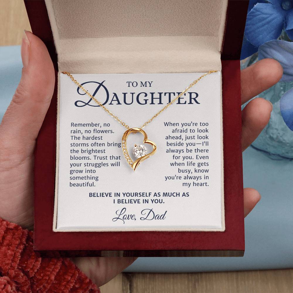 To My Daughter Gift from Mom or Dad, Forever Love Necklace, No Rain No Flower Personalized Message Card