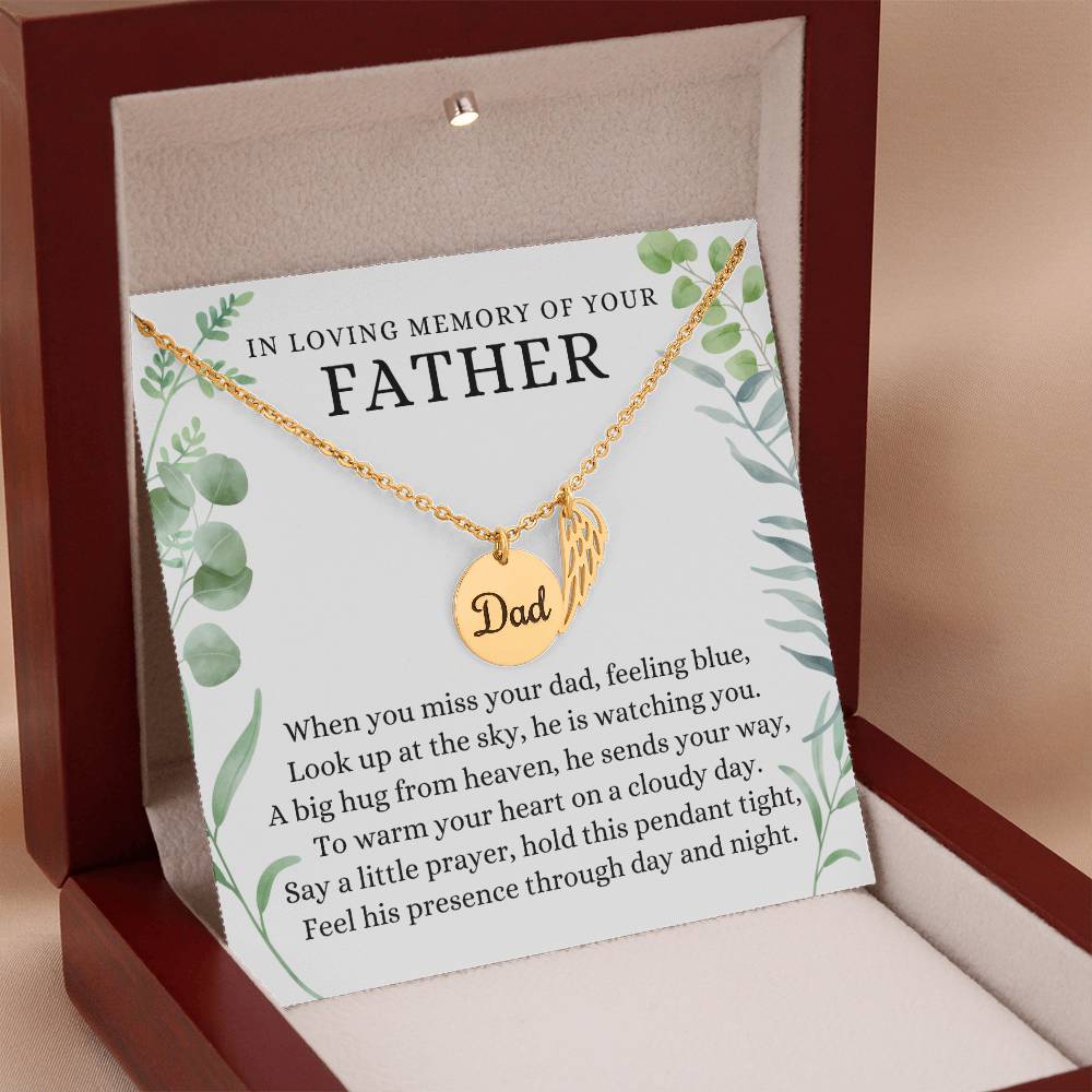 In Loving Memory of Your Father, Hug From Heaven, Dad Memorial Angel Wing Necklace Gift