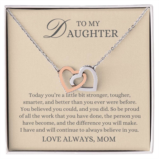 To my Daughter Gift From Mom, Stronger Tougher Smarter,  Interlocking Hearts Pendant Necklace