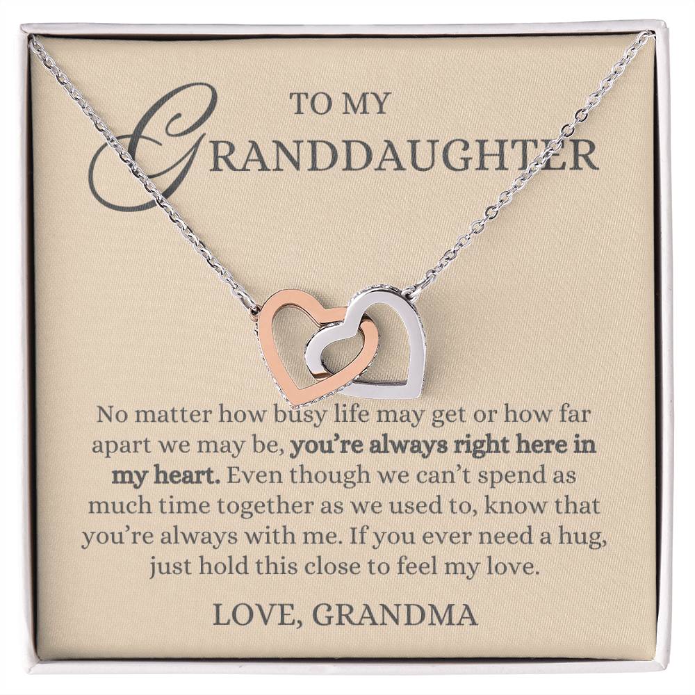 To my Granddaughter Gift, Hold This Close to Feel My Love, Interlock Heart Necklace