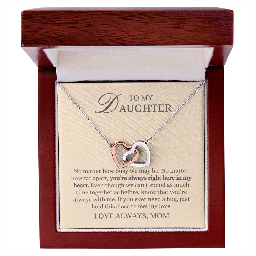 To my Daughter Gift From Mom, Hold This Close to Feel My Love,  Interlocking Hearts Pendant Necklace