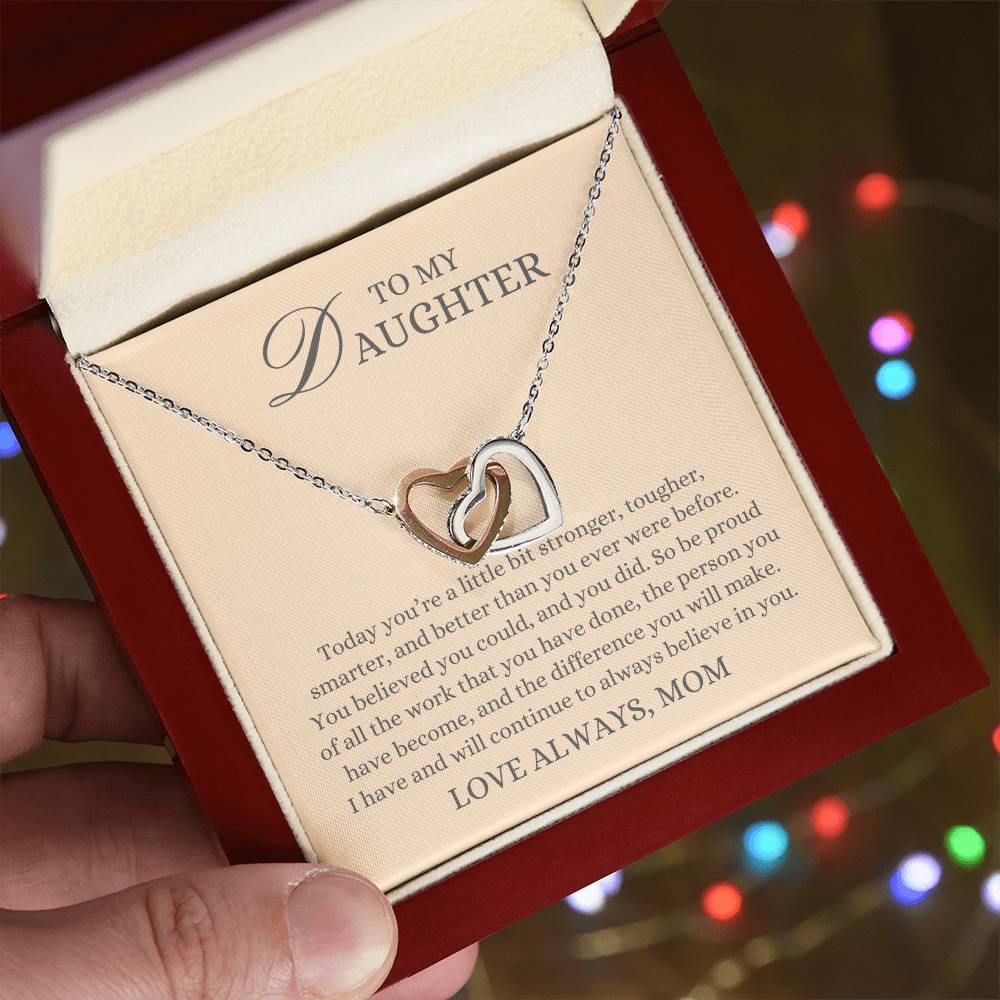 To my Daughter Gift From Mom, Stronger Tougher Smarter,  Interlocking Hearts Pendant Necklace