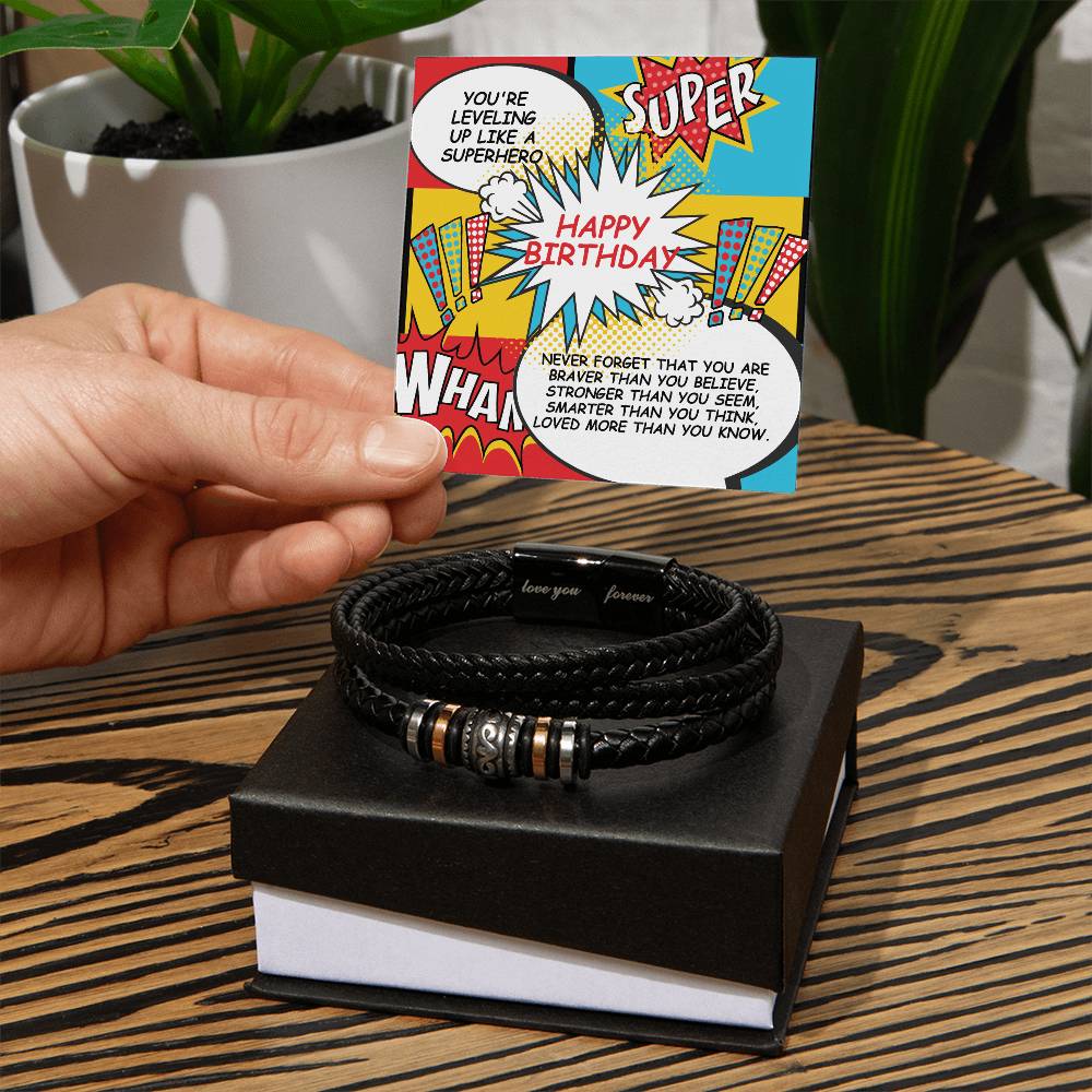 Retro Comic Superhero Happy Birthday Gift For Teen Boy Braided Vegan Leather Men Bracelet